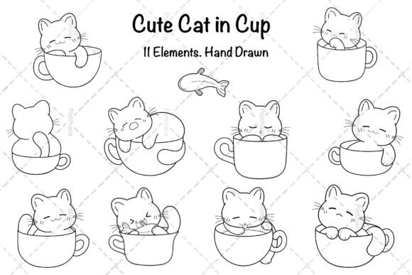 Cute Cat in Cup Graphics & Illustrations for Sellers